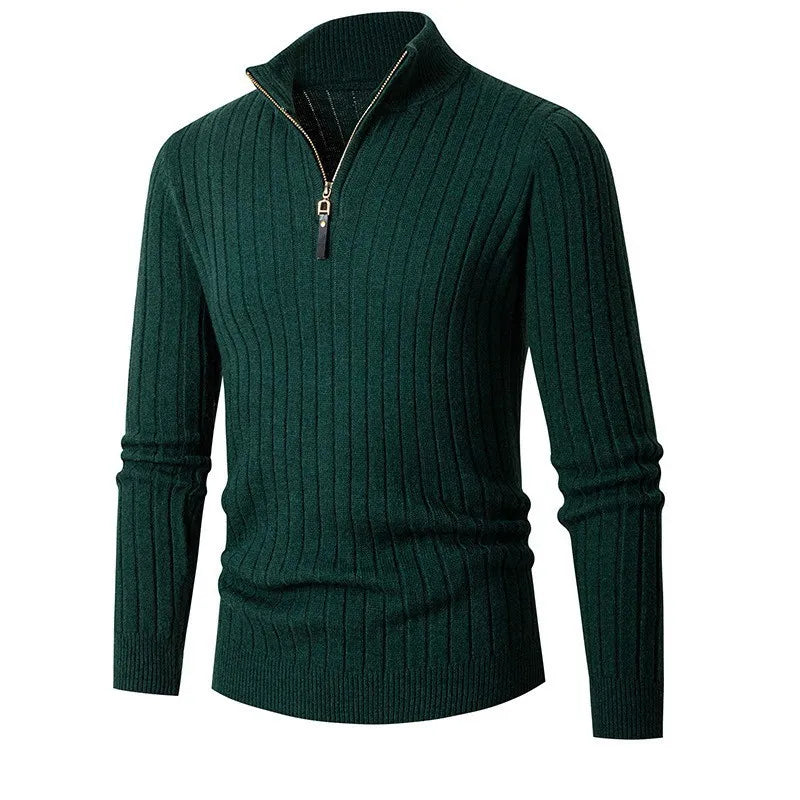 Men's comfortable slim fit quarter zip sweater with stand collar, versatile long sleeve modern fashion.