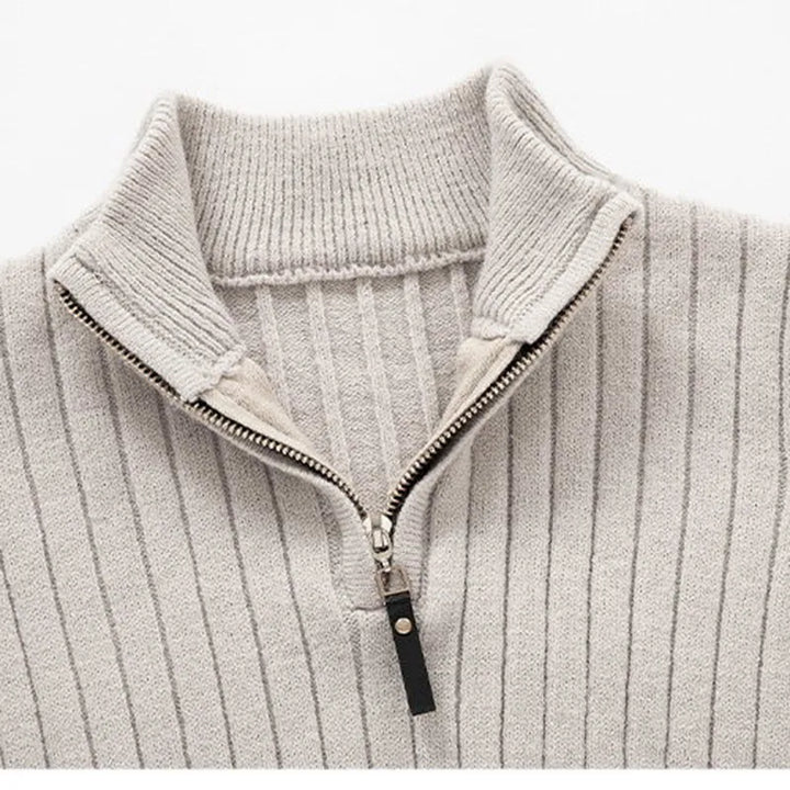Stylish men's quarter zip sweater, slim fit, perfect for versatile casual & semi-formal modern fashion.