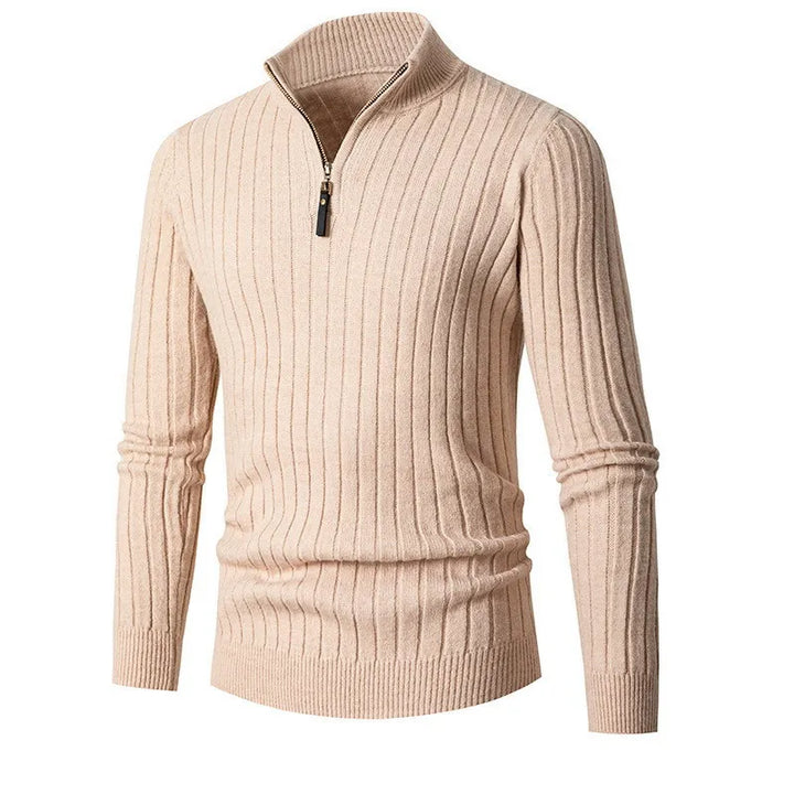 Men's slim fit quarter zip sweater for semi-formal or casual wear. Modern long sleeve comfort.
