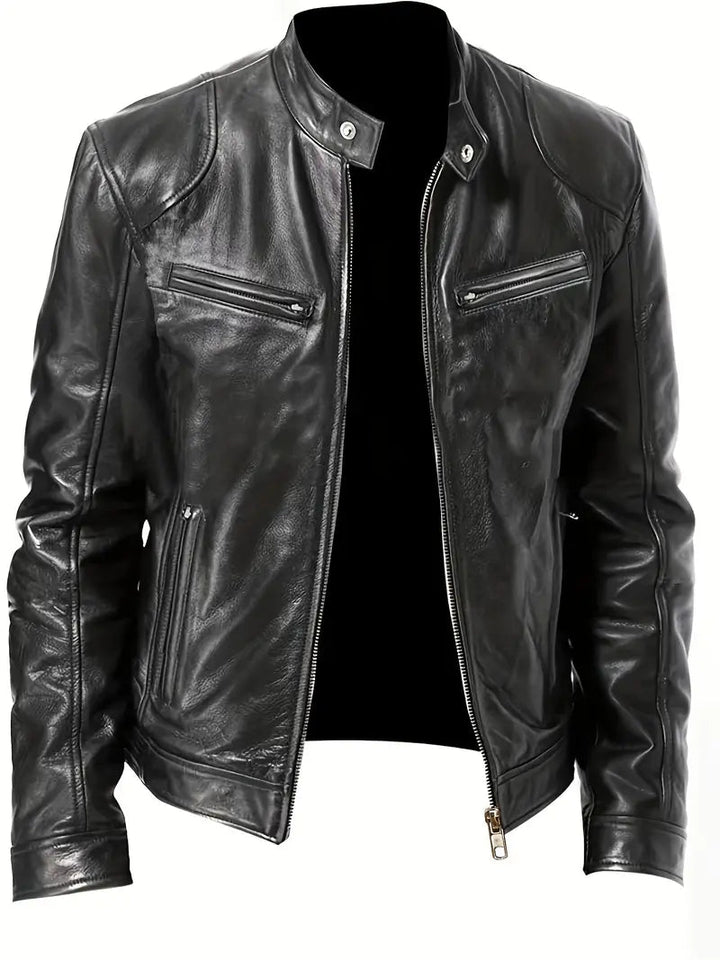 Men's slim fit racer jacket with a stylish band collar. Modern outerwear for a sleek casual look.