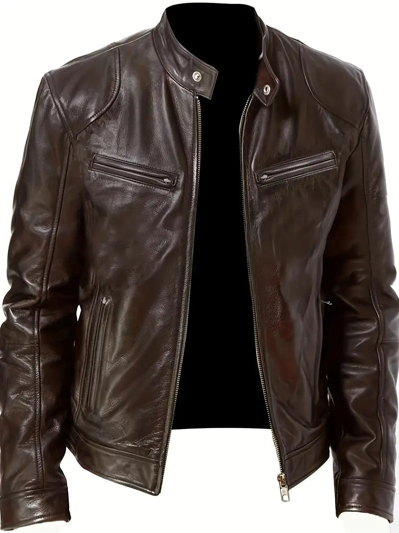 Sleek men's racer jacket featuring a modern slim fit and distinctive band collar, ideal for men's fashion.