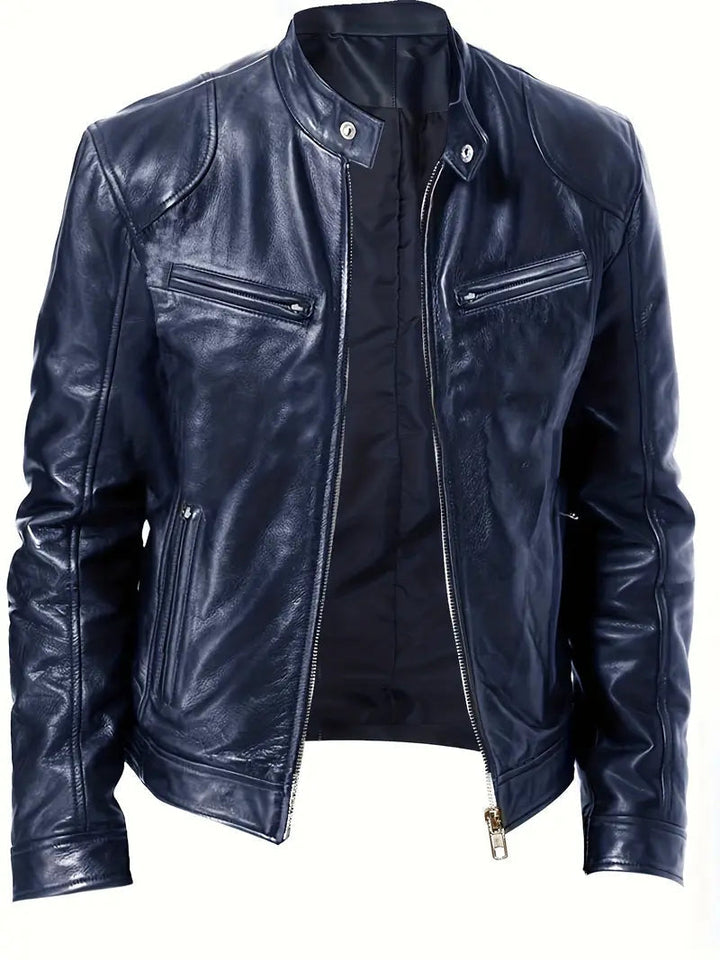 Stylish men's slim fit racer jacket with a band collar. Perfect modern outerwear for a casual and trendy look.