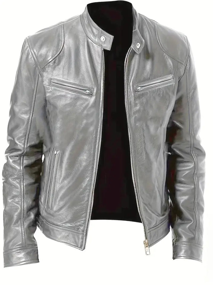 Versatile men's slim fit racer jacket with a band collar. A stylish piece of modern outerwear for casual fashion.