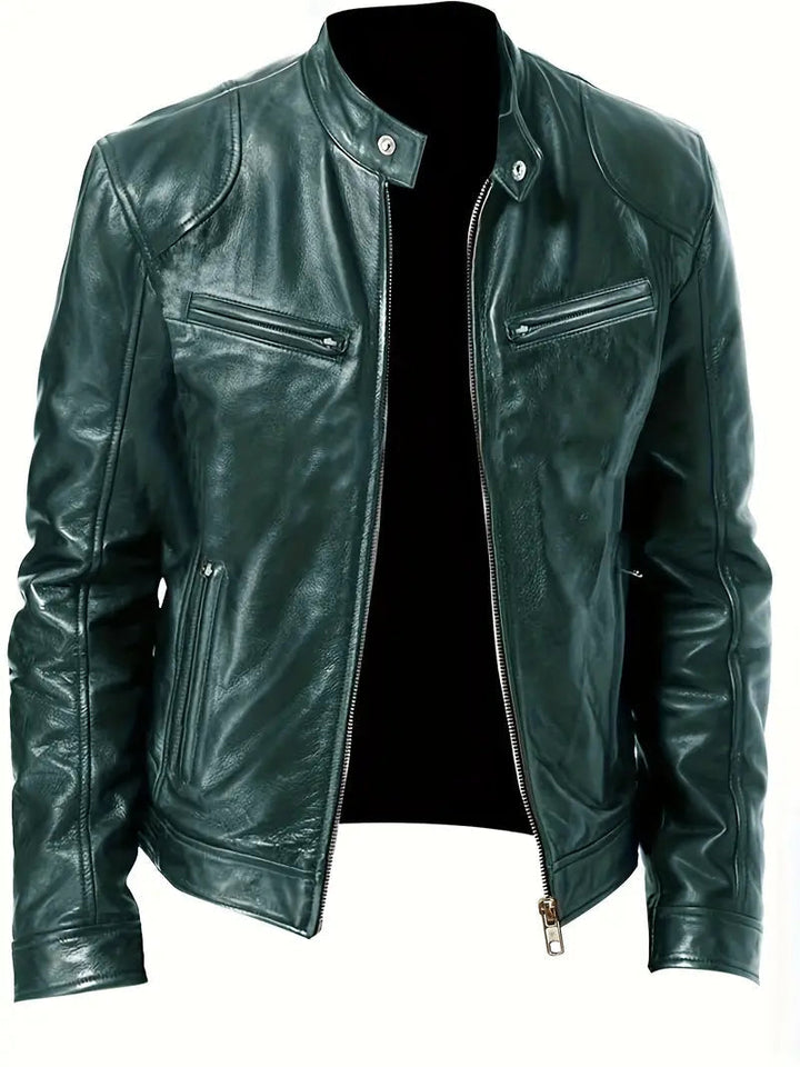 Contemporary men's slim fit racer jacket. This sleek jacket features a band collar, ideal for casual men's style.
