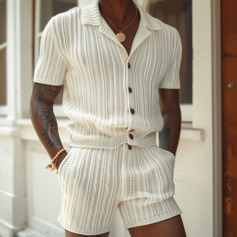 Men's slim fit ribbed knit shirt & shorts loungewear set. Breathable, comfortable summer matching outfit with polo collar.