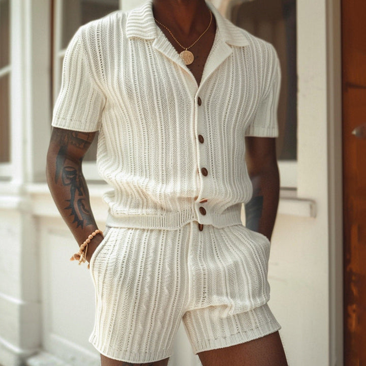 Men's slim fit ribbed knit shirt & shorts loungewear set. Breathable, comfortable summer matching outfit with polo collar.