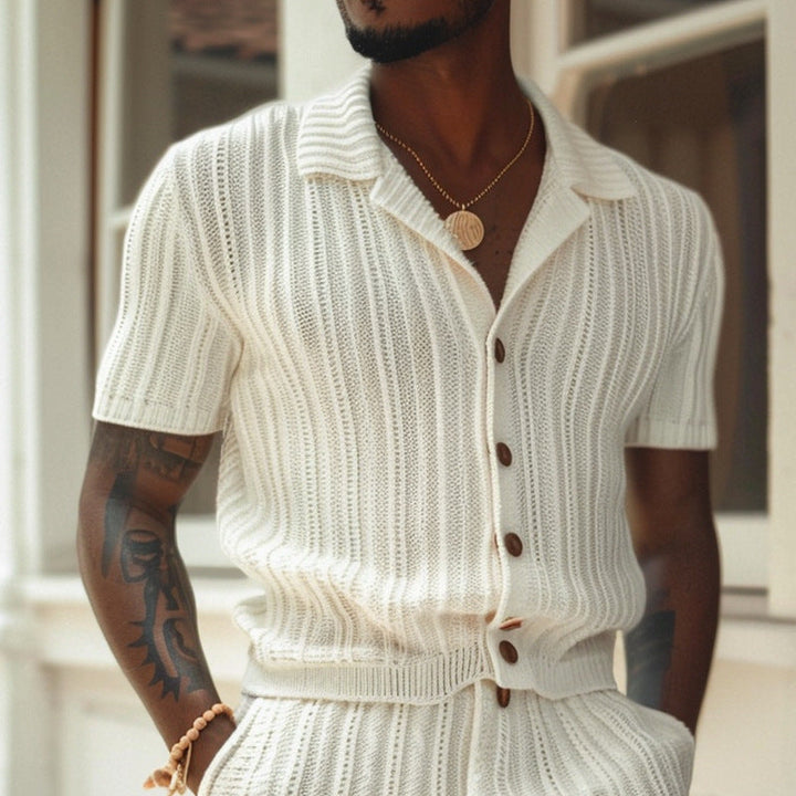 Stylish men's slim fit ribbed knit polo shirt & shorts set. Perfect breathable two-piece casual summer loungewear.