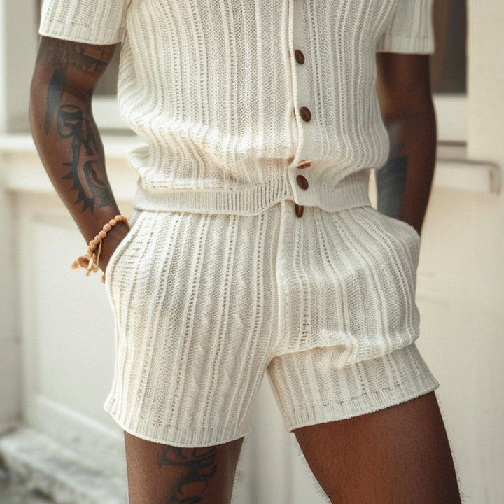 Comfortable men's ribbed knit slim fit shirt & shorts. Versatile, breathable loungewear or casual summer matching set.