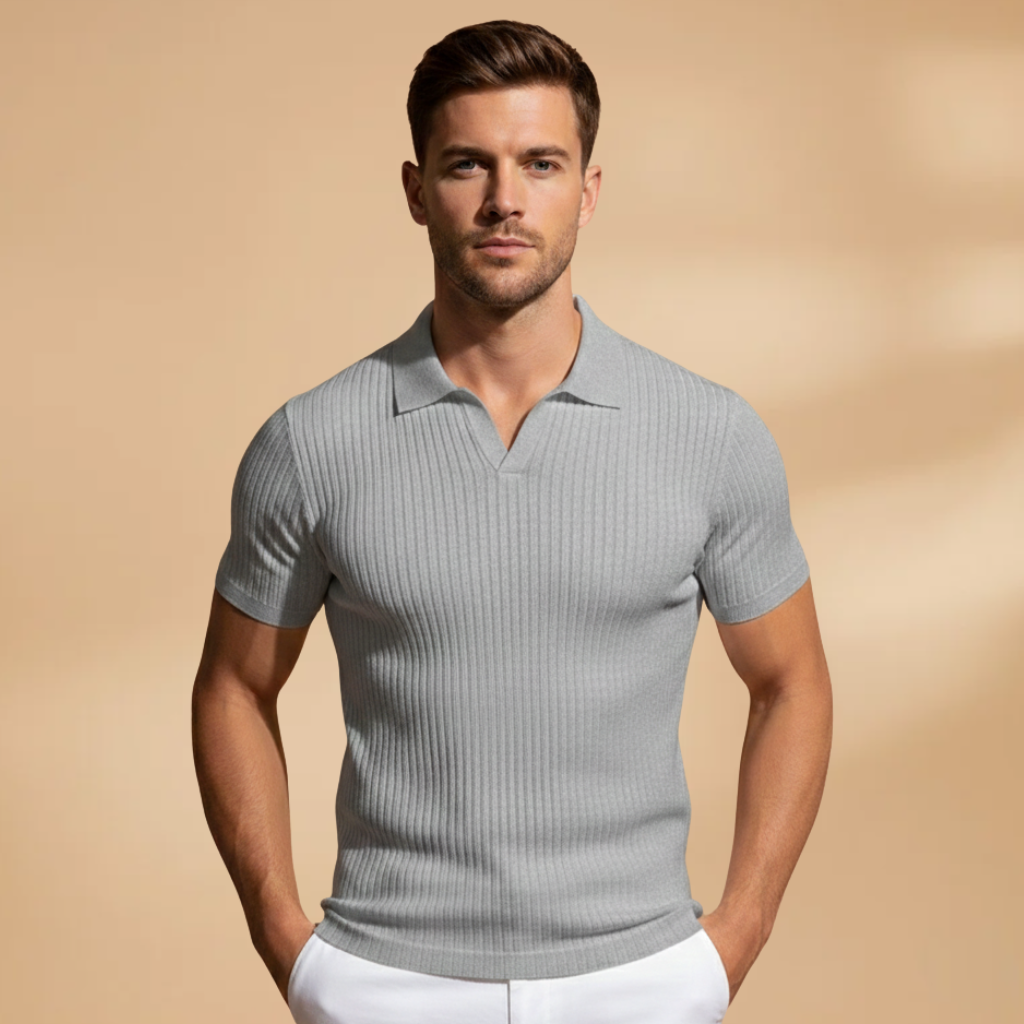 Navy blue men's slim fit ribbed polo, short-sleeve collared shirt, perfect for smart casual fashion.