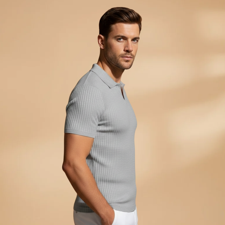 Ribbed knit men's slim fit polo shirt, versatile casual top, ideal for modern summer and everyday style.