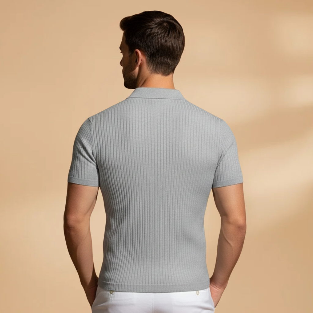 Modern men's slim fit ribbed polo shirt, a versatile short-sleeve collared top for casual fashion.