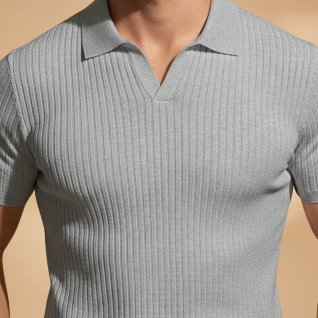 Classic black men's slim fit ribbed polo, stylish short-sleeve top for comfortable everyday wear.