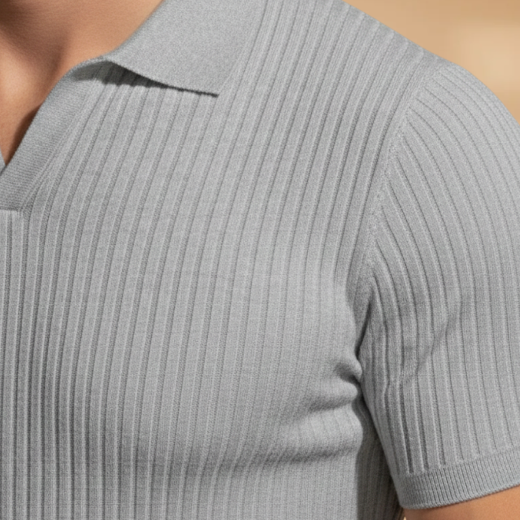 Summer ready men's slim fit ribbed polo shirt, short-sleeve collared top for modern casual fashion.