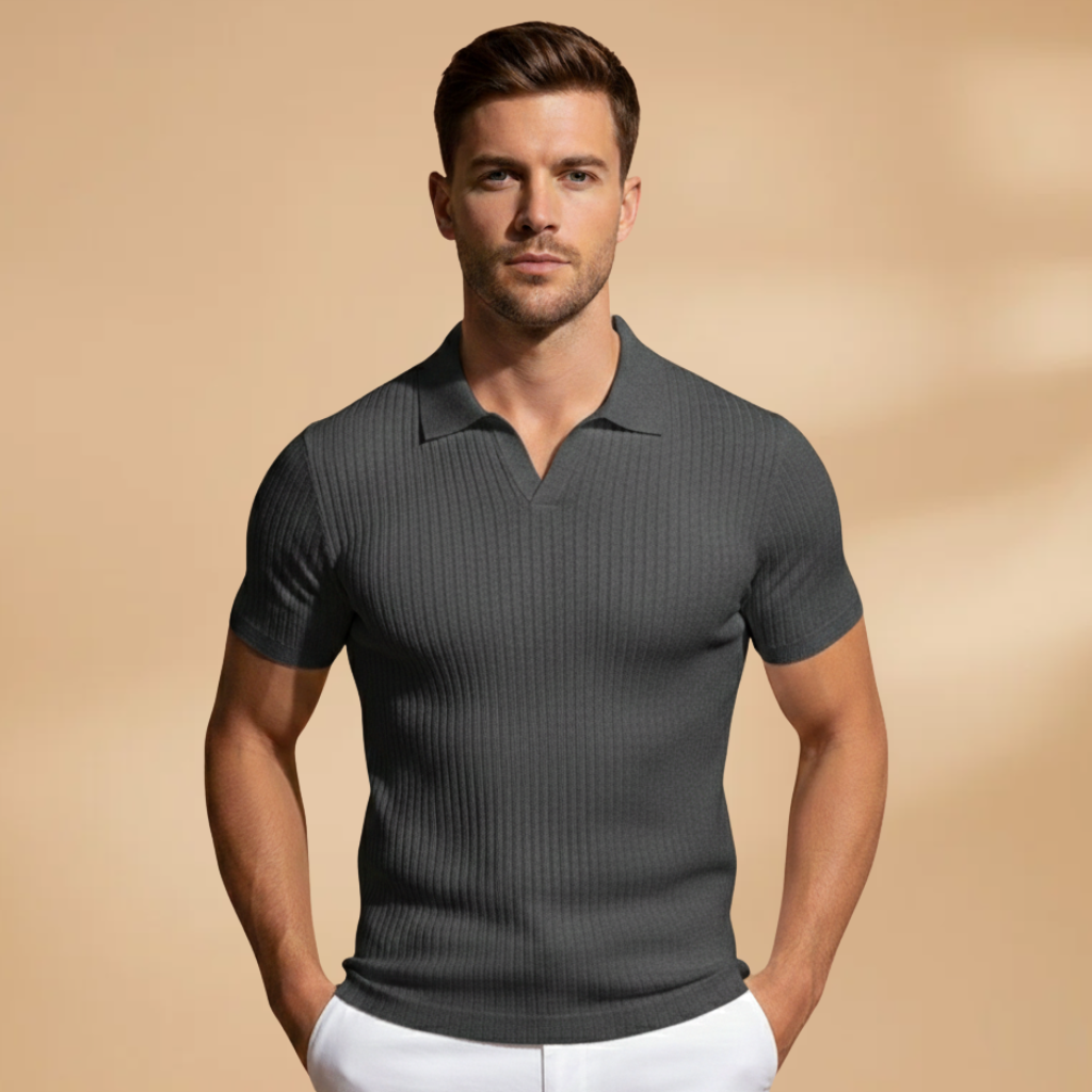Versatile men's slim fit ribbed polo, short-sleeve collared shirt for smart casual to everyday wear.