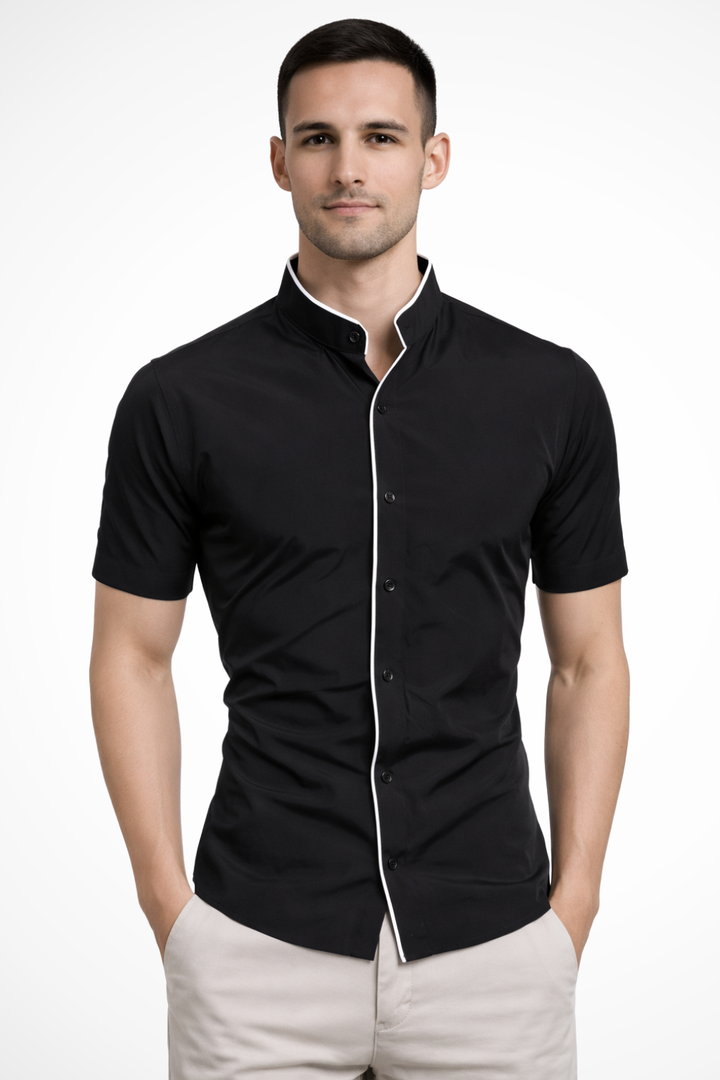 Men's slim fit short sleeve stand collar shirt, modern style, perfect for smart casual summer fashion.