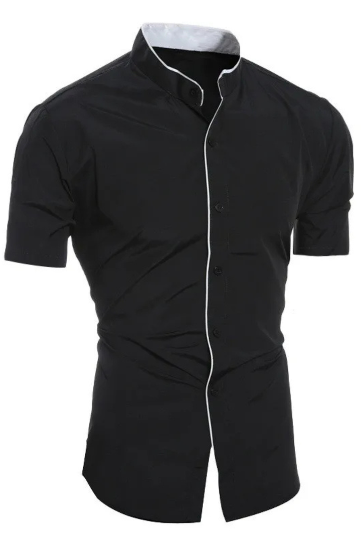 Modern men's slim fit casual shirt with stand collar & short sleeves, ideal for smart summer looks.