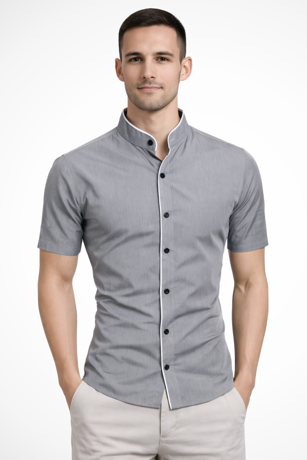 Tailored slim fit men's short sleeve buttoned shirt with a stylish stand collar, versatile for modern fashion.