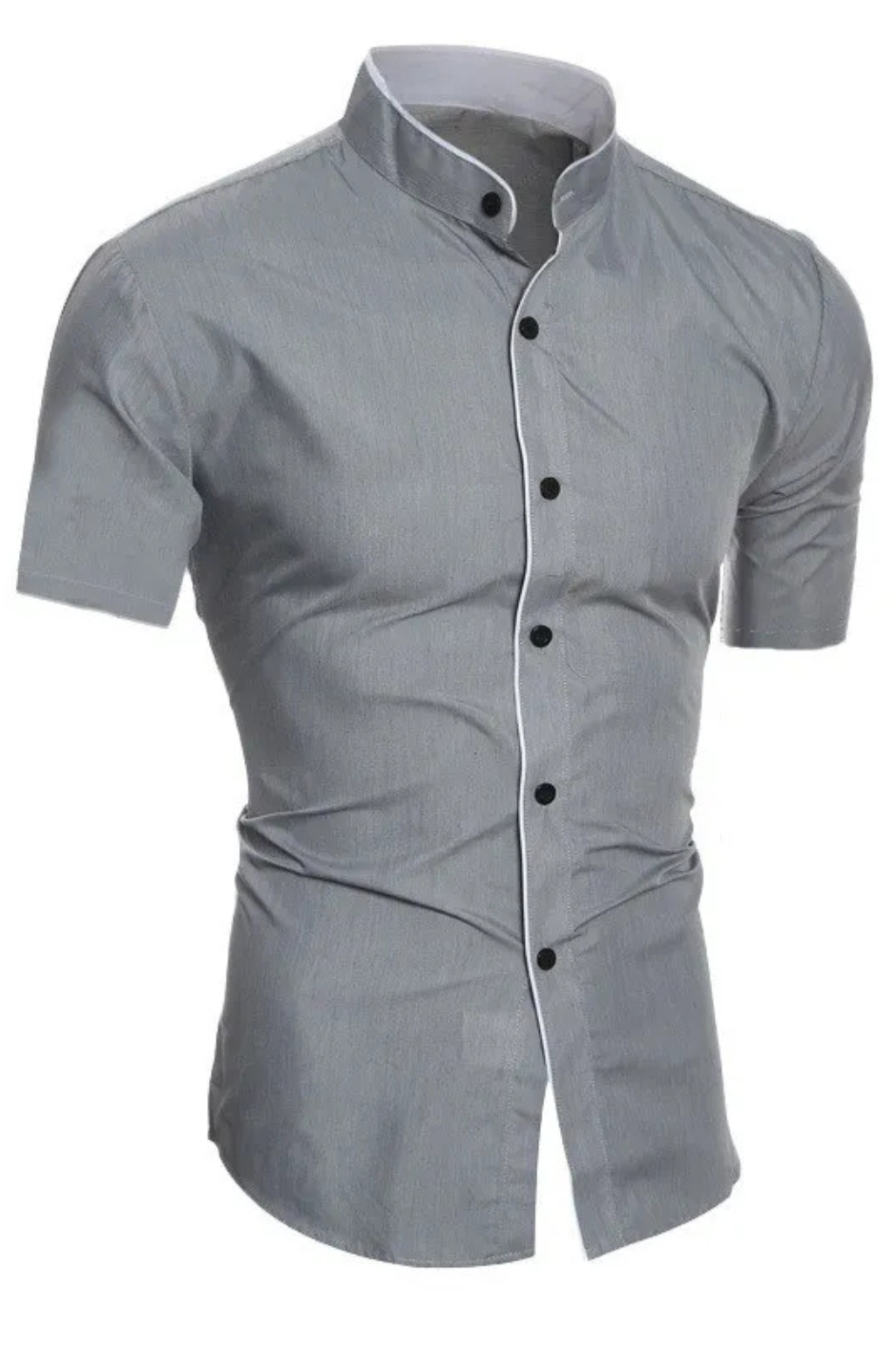 A man wearing a modern slim fit short sleeve stand collar shirt, perfect for a smart casual summer outing.