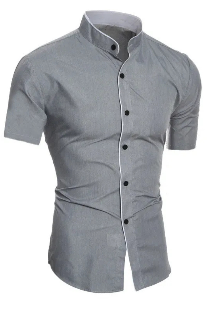 A man wearing a modern slim fit short sleeve stand collar shirt, perfect for a smart casual summer outing.