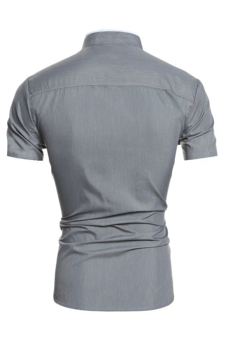 Stylish men's short sleeve stand collar shirt in a slim fit, a versatile and modern addition to any wardrobe.