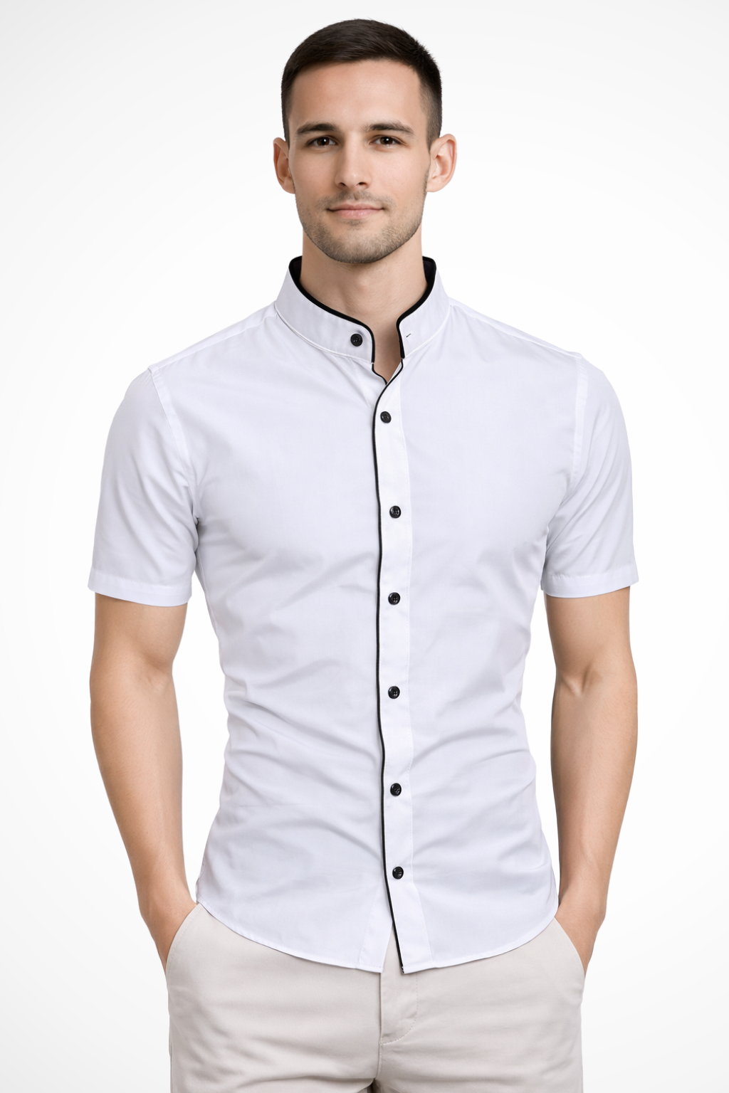 Men's modern slim fit short sleeve stand collar shirt, a smart casual buttoned shirt for summer fashion.
