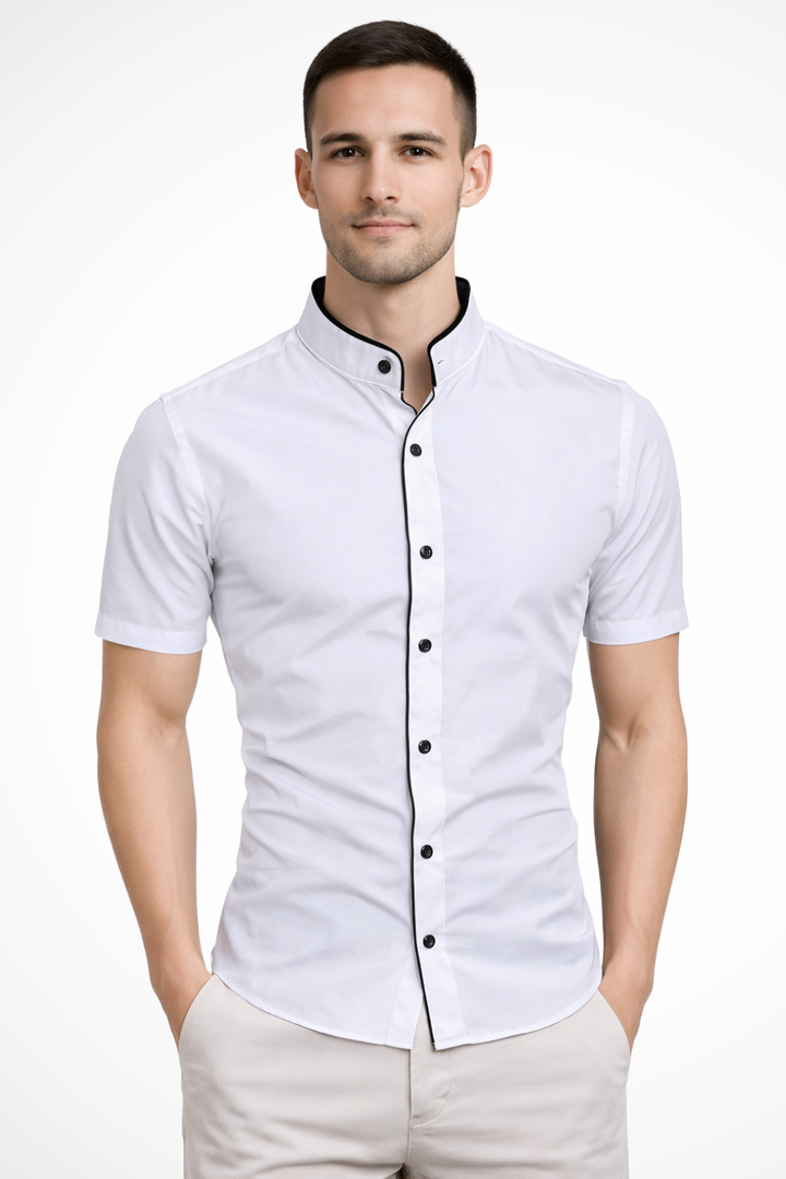 Men's modern slim fit short sleeve stand collar shirt, a smart casual buttoned shirt for summer fashion.
