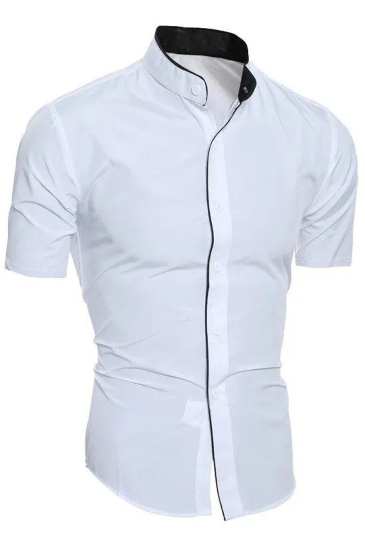Sharp men's slim fit short sleeve stand collar shirt, offering a modern tailored look for smart casual wear.