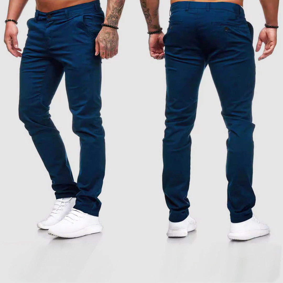 Stylish men's slim fit straight leg blue chino pants, perfect for casual or smart outfits.