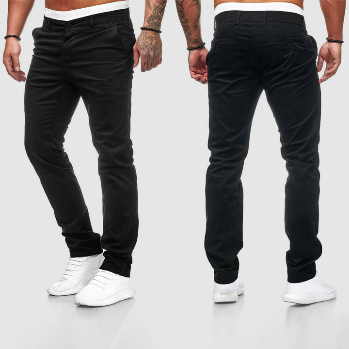 Versatile black men's slim fit straight leg chino pants, ideal for everyday & smart casual fashion.