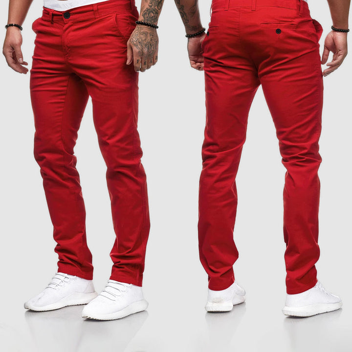 Trendy red men's slim fit straight leg chino pants, adding a pop of color to casual fashion.