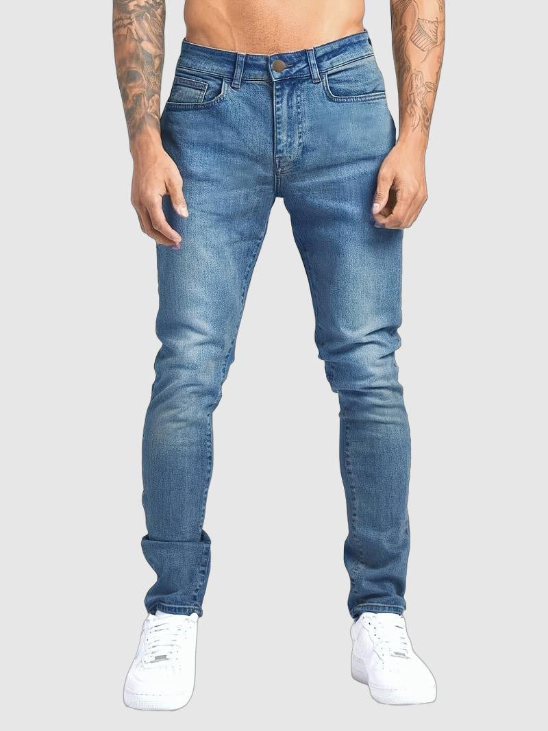 Men's slim fit streetwear jeans. Classic five-pocket design for modern casual fashion. Comfortable and versatile.