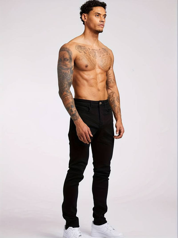 Solid color men's slim fit jeans. Classic five-pocket design. Versatile casual pants for men's everyday fashion.