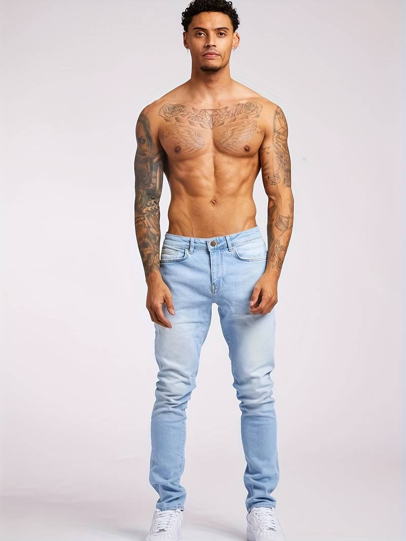 Streetwear men's slim fit jeans. Five-pocket casual pants, comfortable and versatile for everyday fashion.