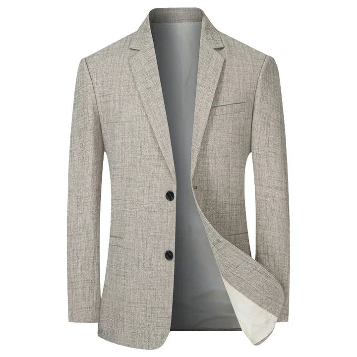 Men's slim fit tailored beige blazer, ideal for sharp business attire or smart casual looks. Modern menswear.
