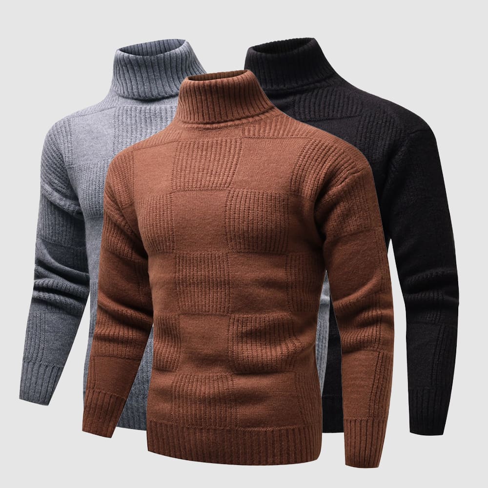 Men's slim fit textured knit turtleneck sweater in a modern style, ideal for spring casual wear.