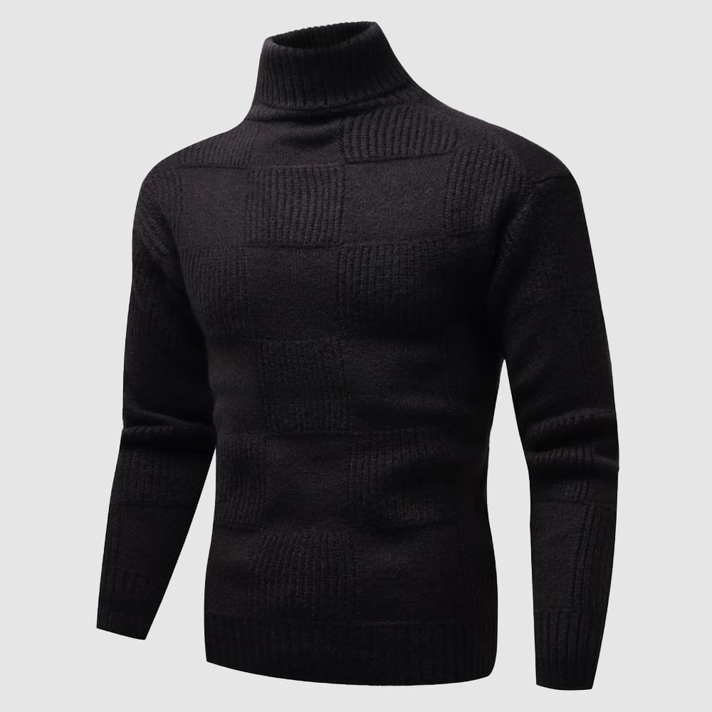 Close-up of a men's knitwear turtleneck sweater, highlighting the textured fabric and slim fit.