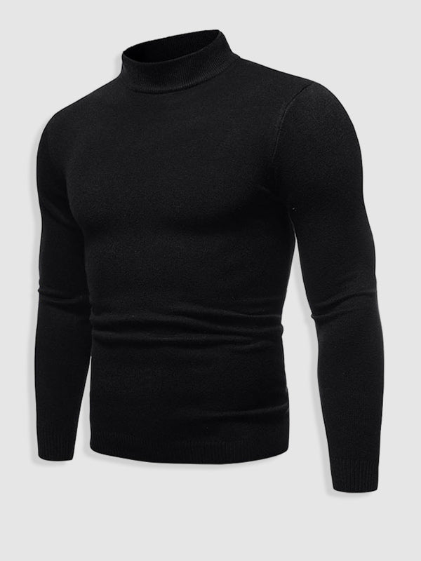 Men's slim fit turtleneck sweater in classic black, perfect for a sleek, casual spring look.