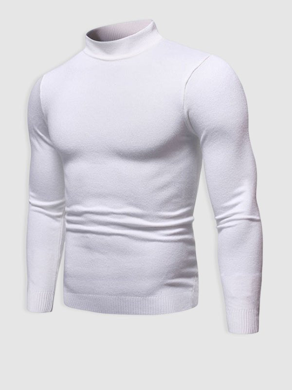 Close-up of a men's classic slim fit turtleneck sweater, highlighting knit texture and quality.