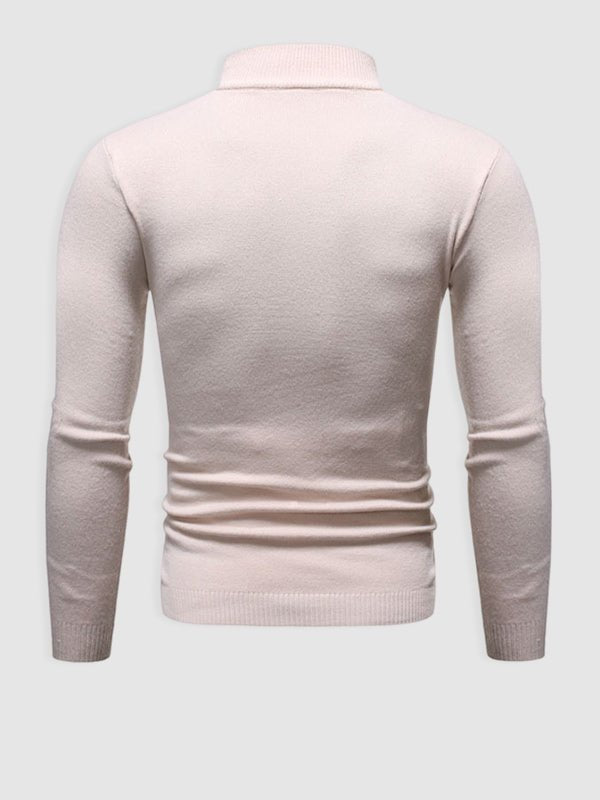 Detailed view of the neck and collar on a men's slim fit turtleneck sweater.
