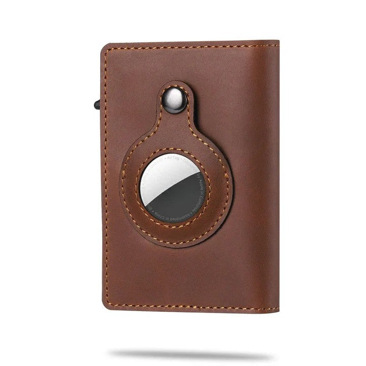 Front view of men's slim RFID wallet. Carbon fiber design, secure card holder & tracker slot. Perfect for everyday carry.