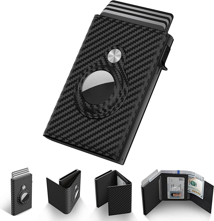 Men's secure slim RFID wallet. Features tracker holder, aluminum frame, and carbon fiber details. Ideal card organizer.