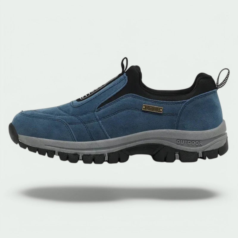 Close-up of men's casual slip-on walking shoes, showcasing the breathable material & non-slip outdoor sole.