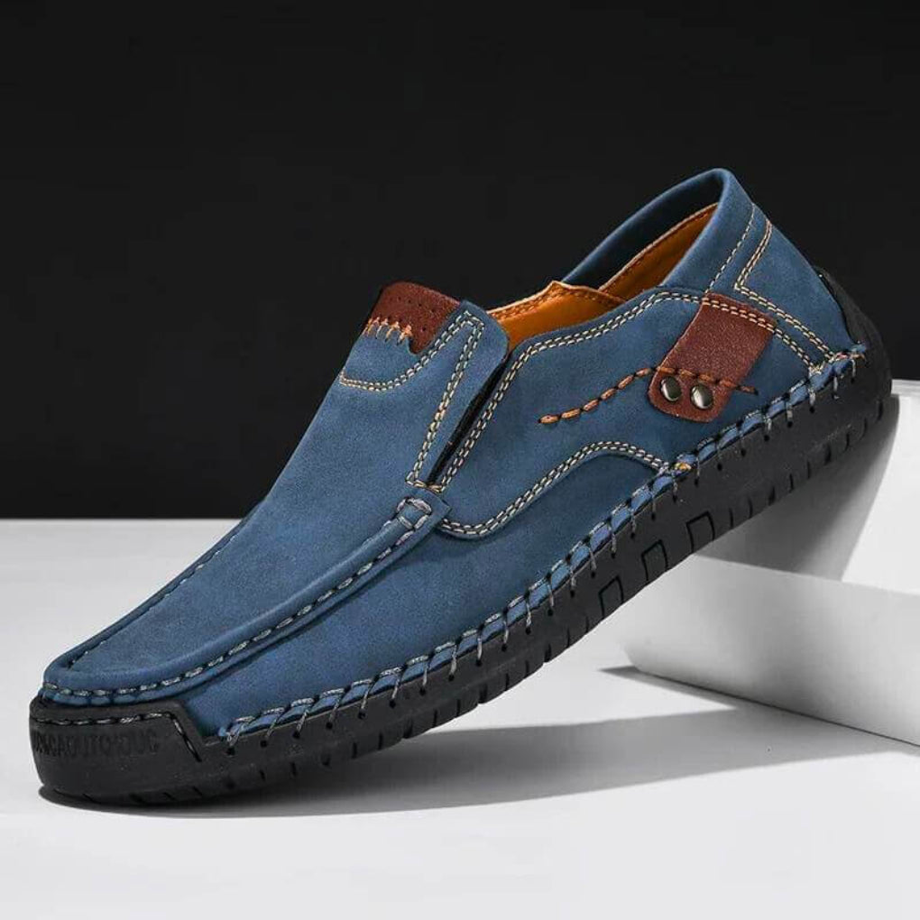 Blue men's casual slip-on shoes, featuring arch support for enhanced balance and comfortable walking.