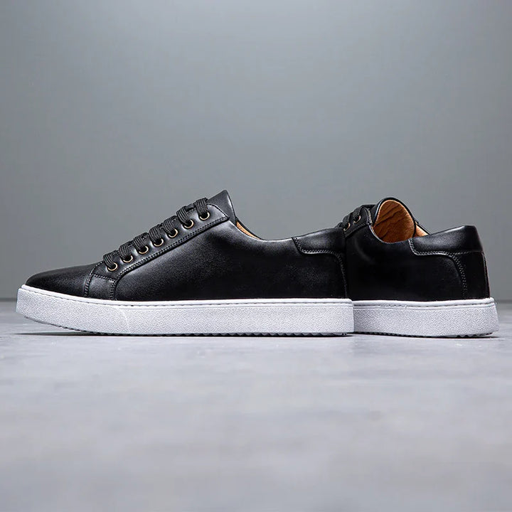 Everyday men's black lace-up trainers. Comfortable smart casual low-top sneakers for versatile style.