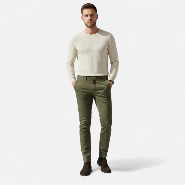 Tailored men's chinos, ideal for smart casual office attire. Comfortable & stylish modern fit pants.