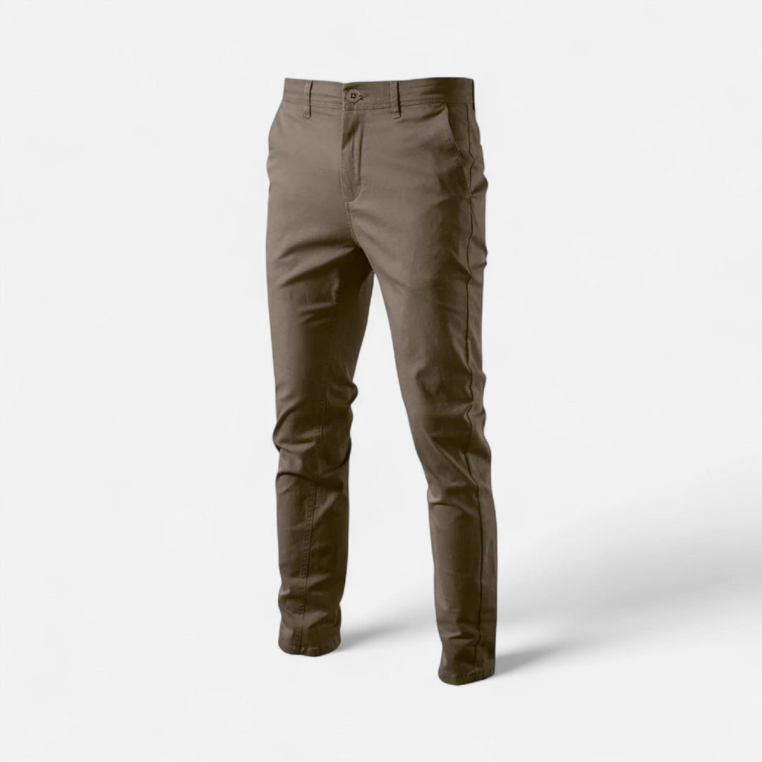 Modern men's tailored chinos, comfortable for smart casual office wear or everyday elegant style.