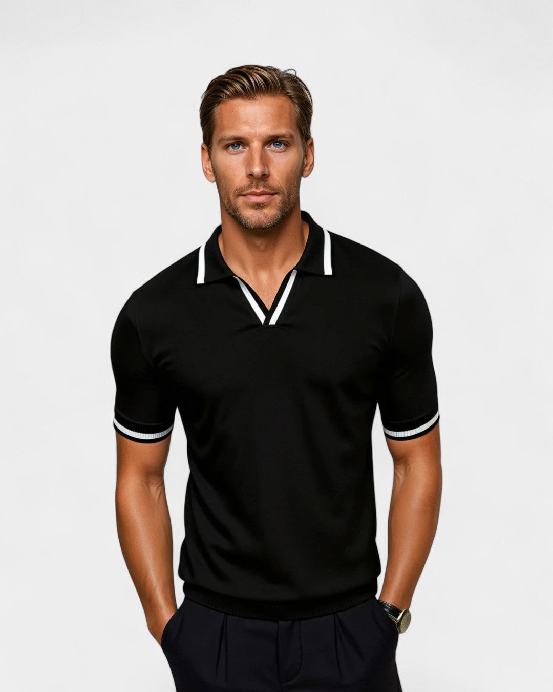 Men's smart casual contrast collar polo shirt with short sleeves. Stylish, modern fit for summer wear.