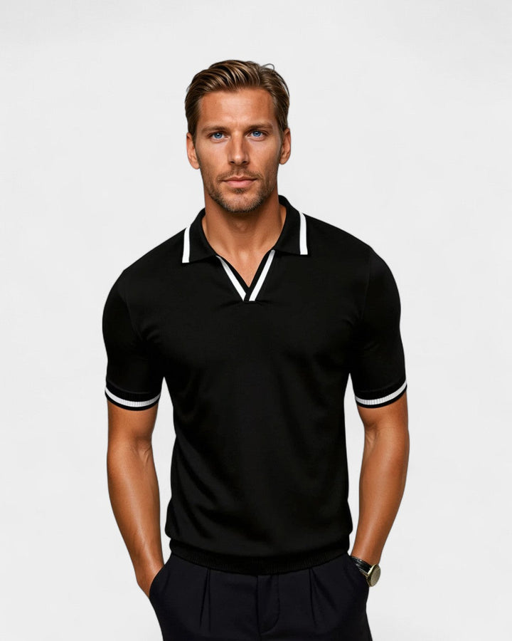 Men's smart casual contrast collar polo shirt with short sleeves. Stylish, modern fit for summer wear.