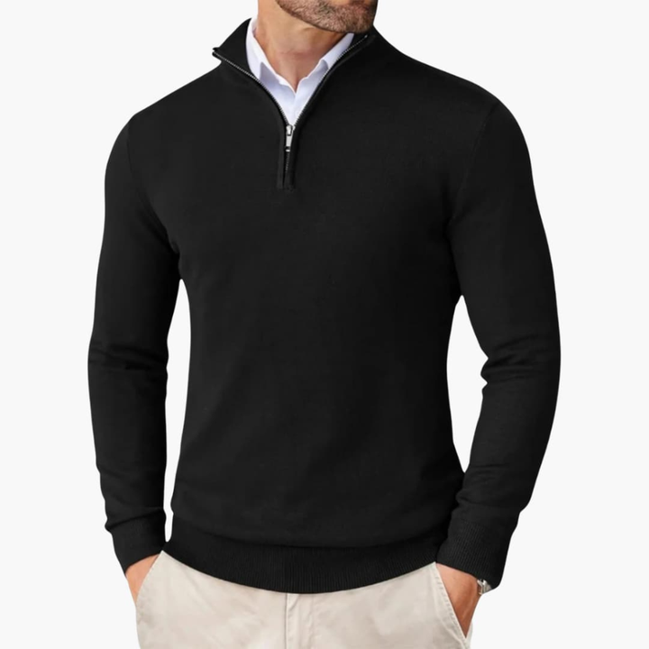 Men's smart casual quarter zip pullover knit top with ribbed hem. Perfect for modern layering.