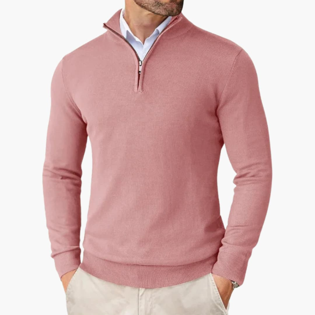 Stylish men's long sleeve quarter zip knit pullover with ribbed hem. Versatile smart casual wear.